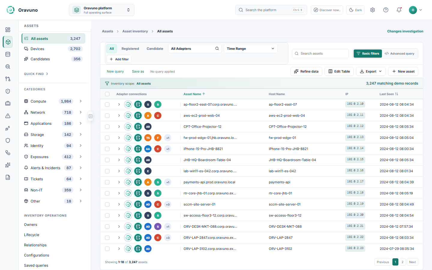 ORAVUNO asset inventory showing one correlated record with source badges, host identity, a single IP address, and last-seen time.