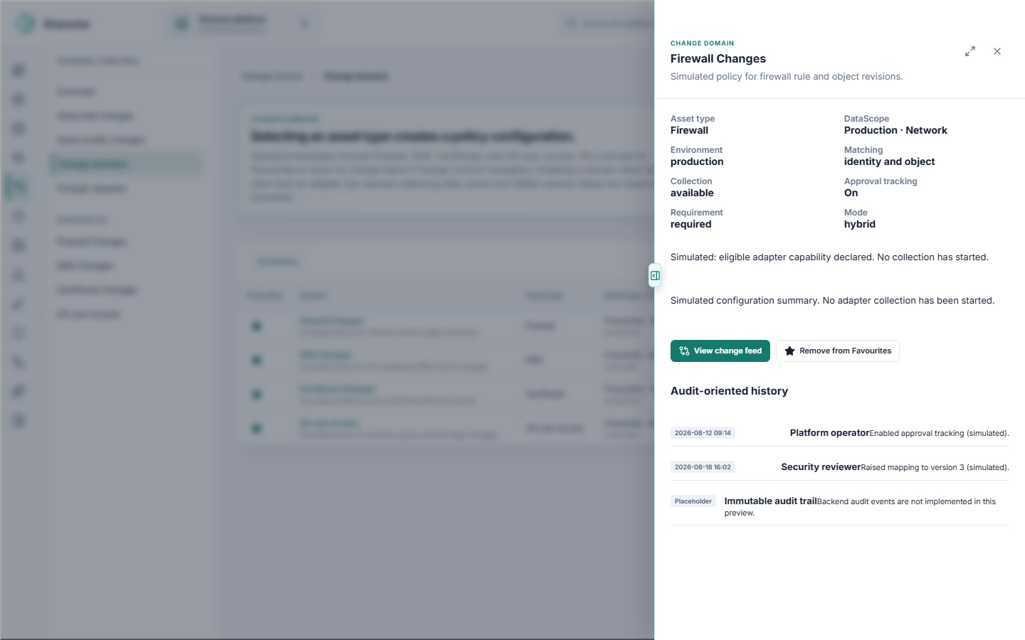 ORAVUNO change-domain policy drawer showing DataScope, environment, approval tracking, and reviewable history. Collection is declared eligible, not started.