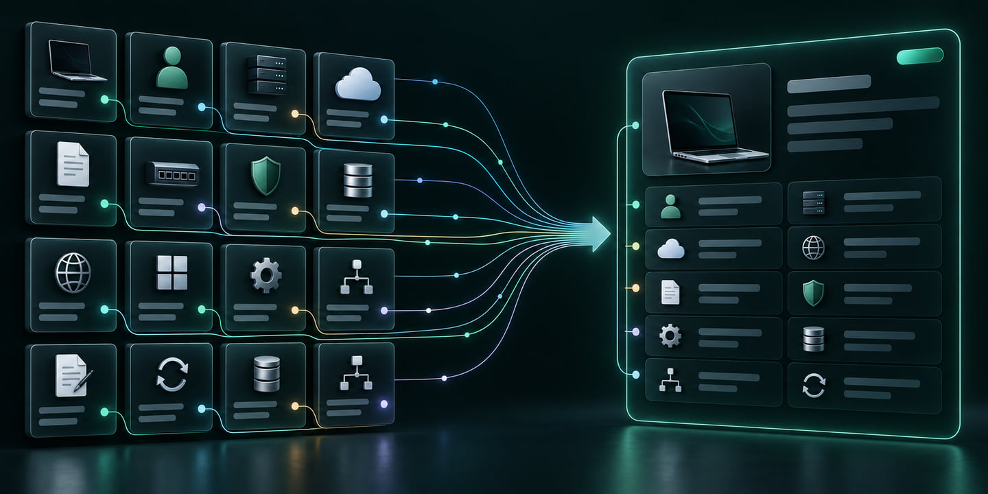 Fragmented enterprise source records converging into one governed asset view